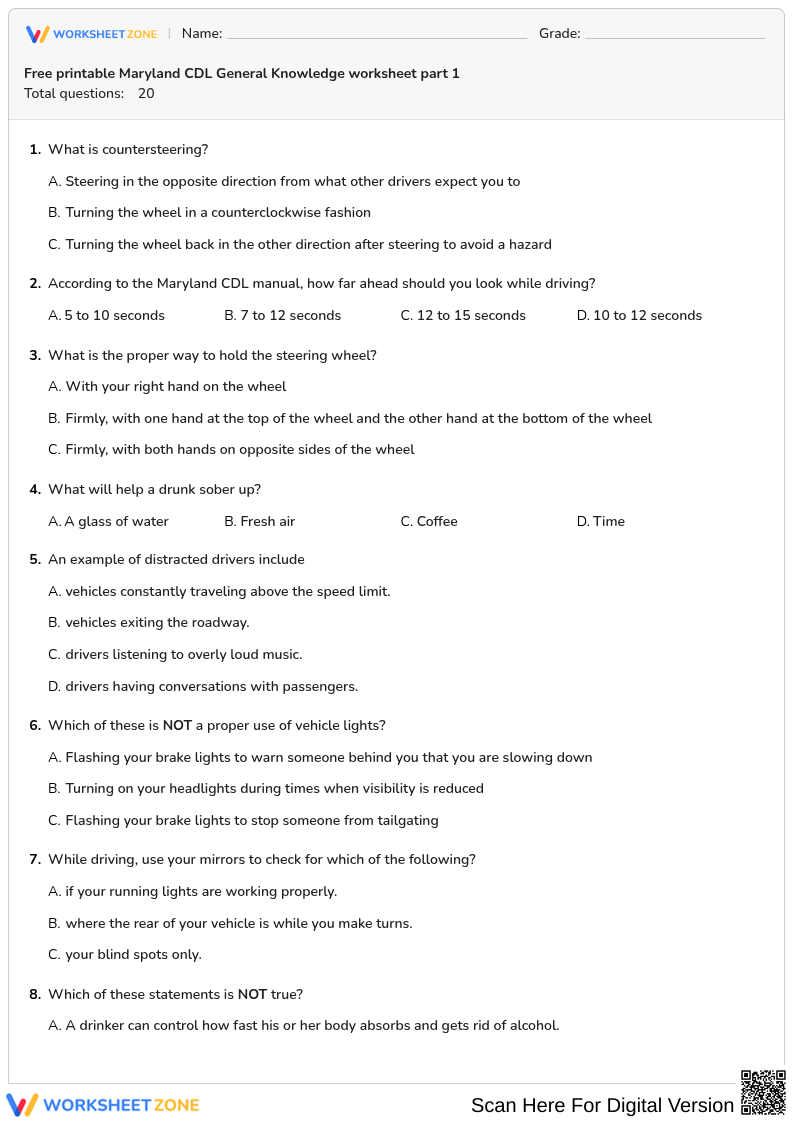 Free printable Maryland CDL General Knowledge worksheet part 1