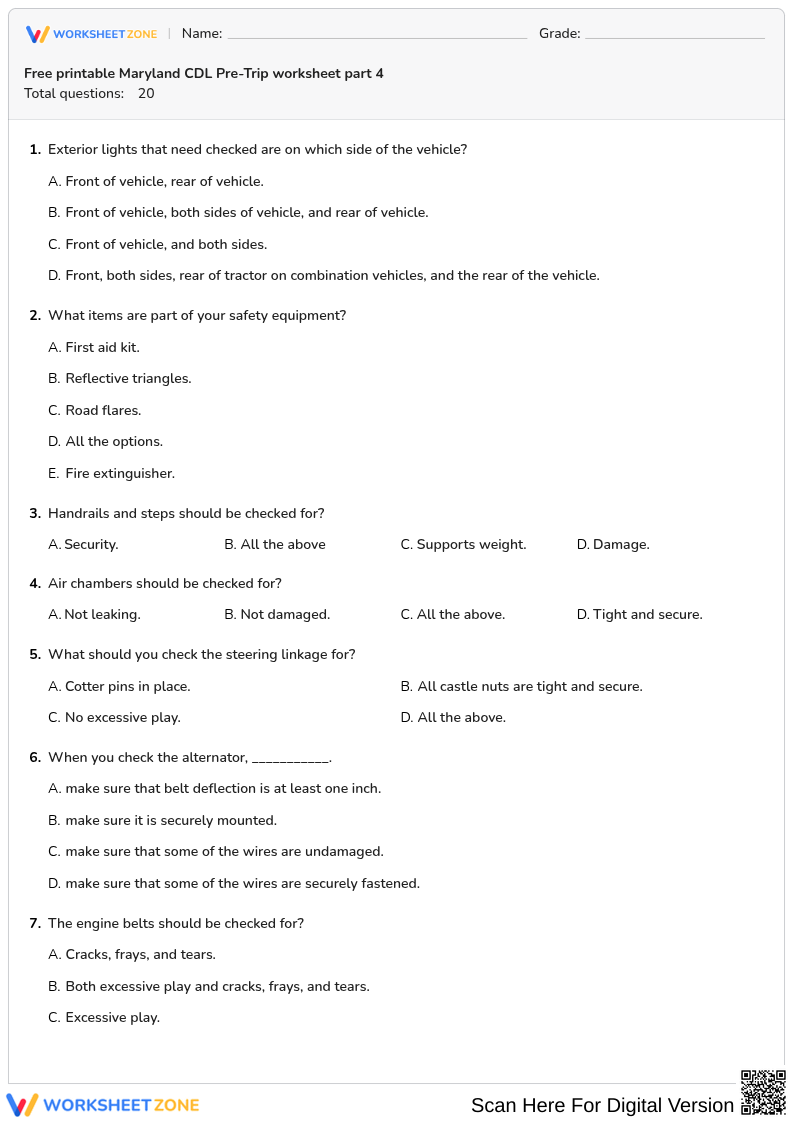 Free printable Maryland CDL Pre-Trip worksheet part 4