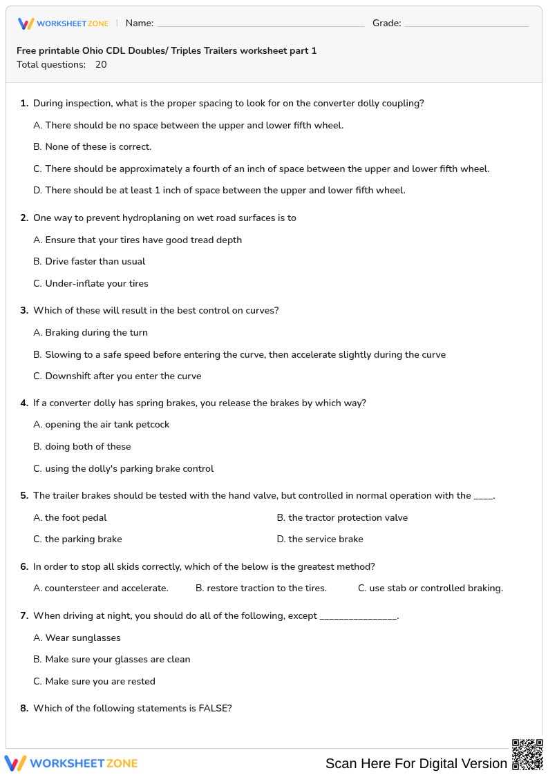 Free printable Ohio CDL Doubles/ Triples Trailers worksheet part 1