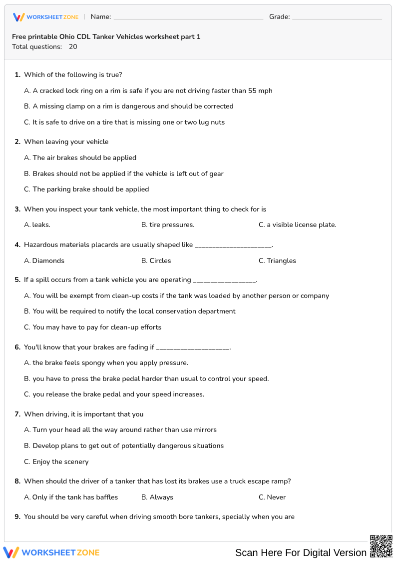 Free printable Ohio CDL Tanker Vehicles worksheet part 1
