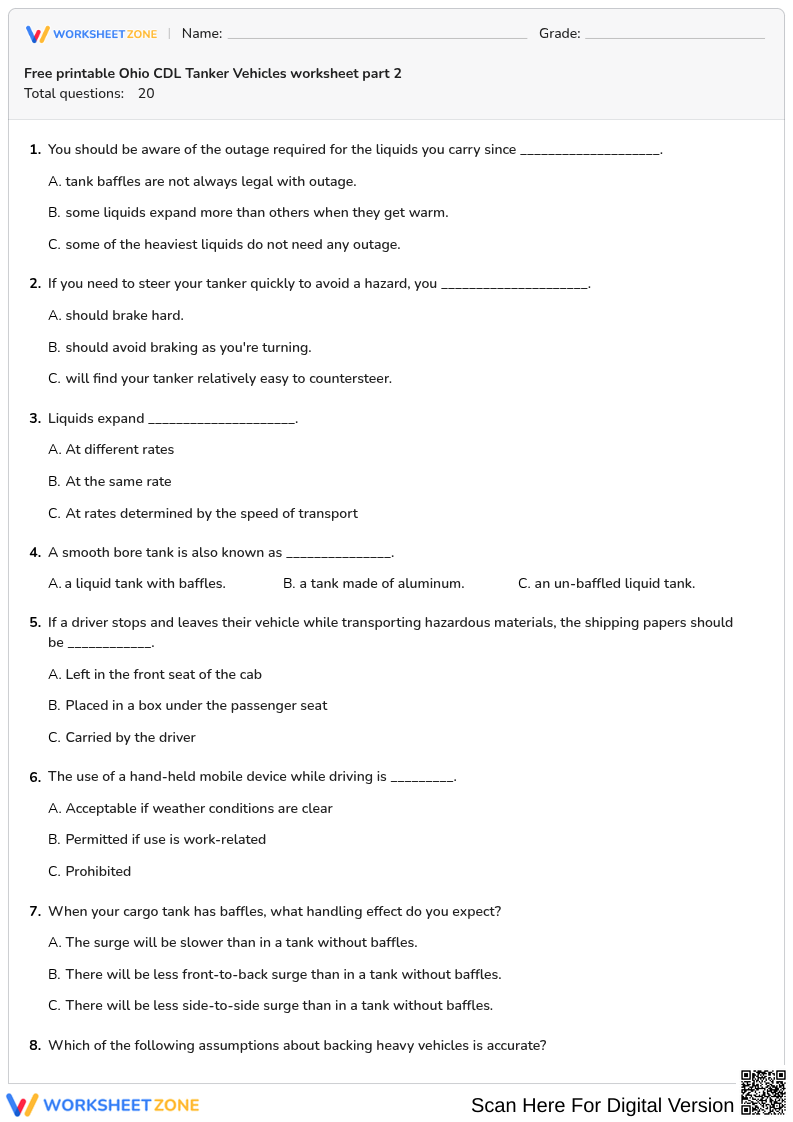 Free printable Ohio CDL Tanker Vehicles worksheet part 2