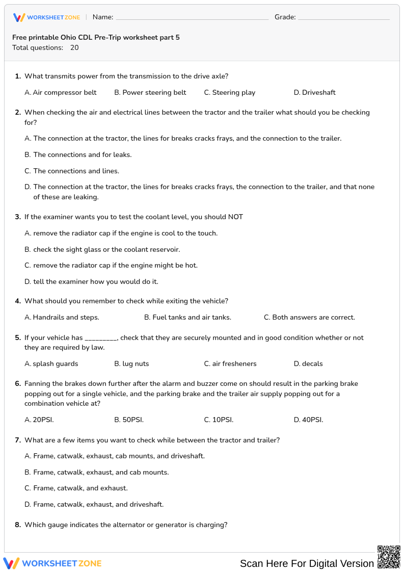 Free printable Ohio CDL Pre-Trip worksheet part 5