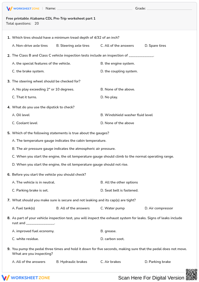 Free printable Alabama CDL Pre-Trip worksheet part 1