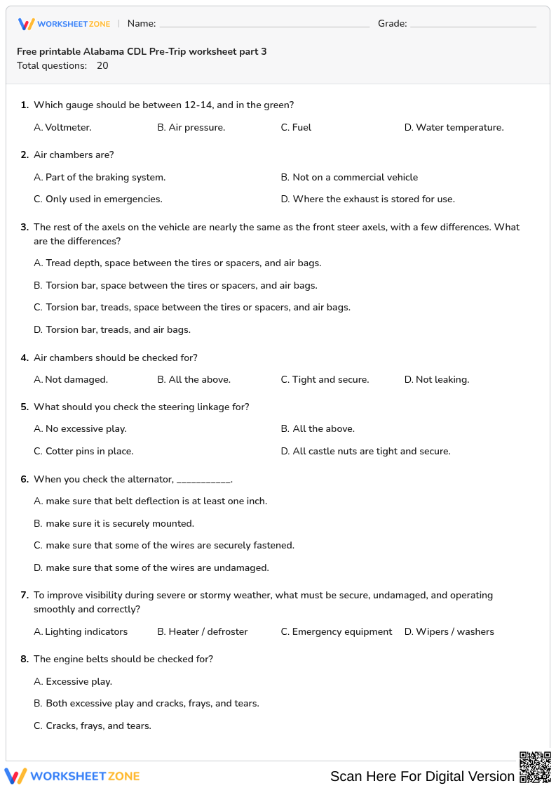 Free printable Alabama CDL Pre-Trip worksheet part 3