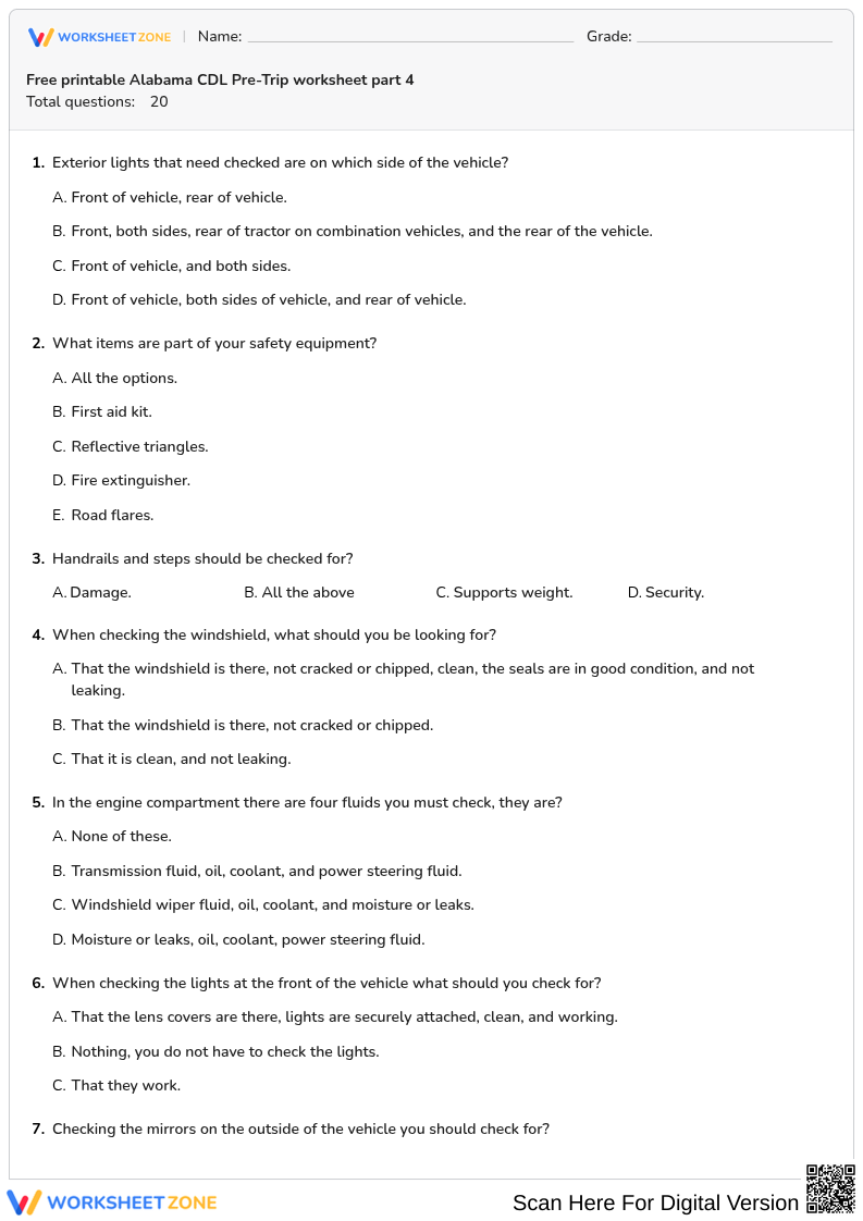 Free printable Alabama CDL Pre-Trip worksheet part 4