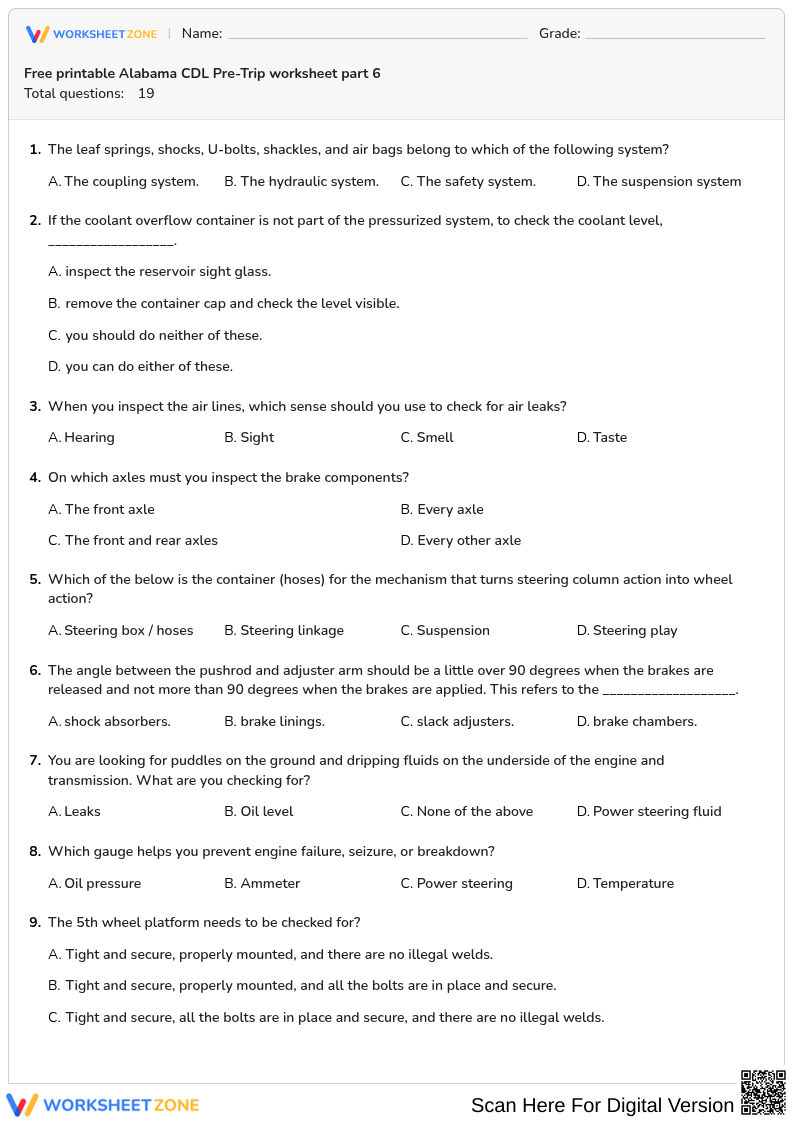 Free printable Alabama CDL Pre-Trip worksheet part 6