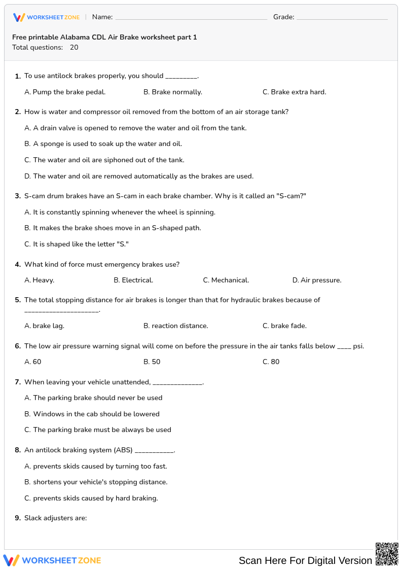 Free printable Alabama CDL Air Brake worksheet part 1