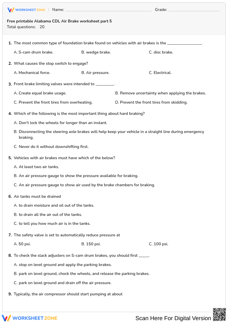 Free printable Alabama CDL Air Brake worksheet part 5