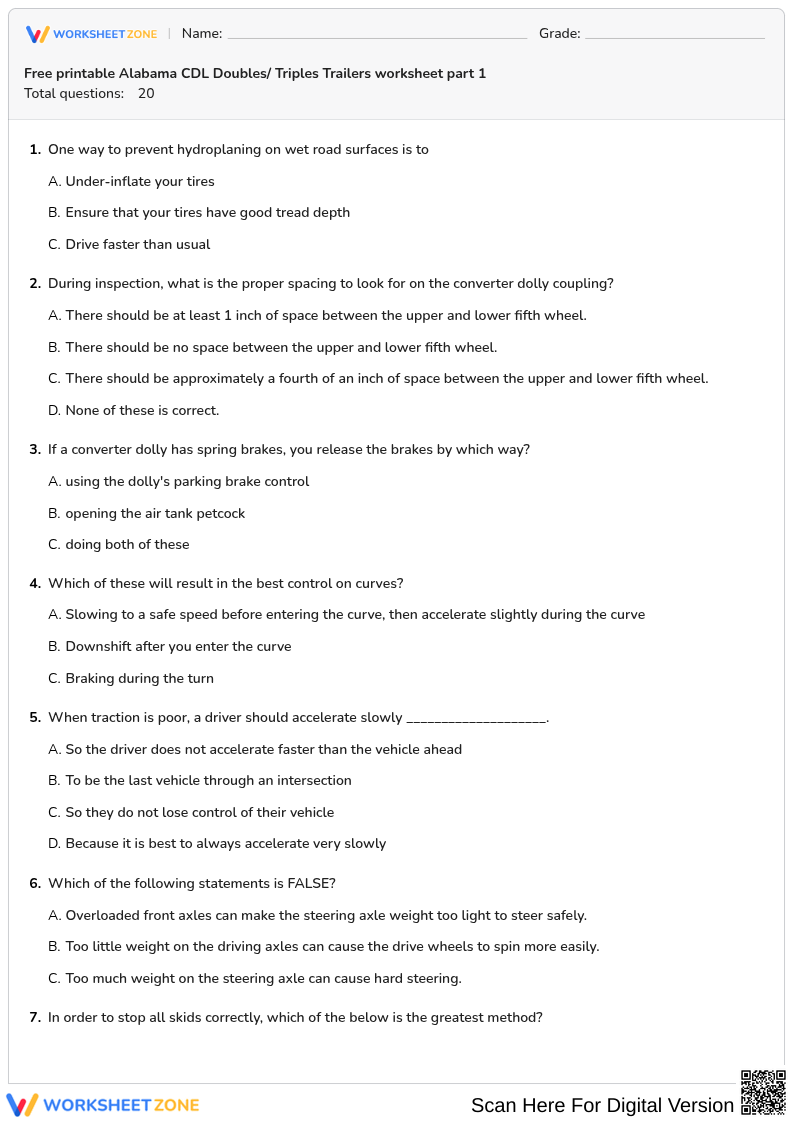 Free printable Alabama CDL Doubles/ Triples Trailers worksheet part 1