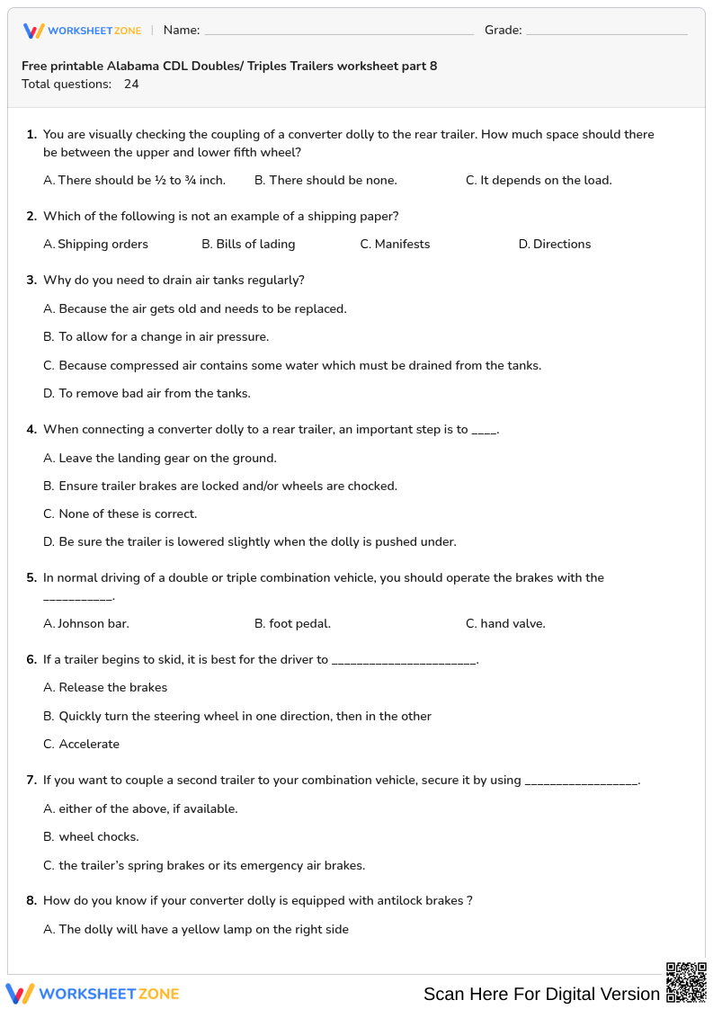 Free printable Alabama CDL Doubles/ Triples Trailers worksheet part 8