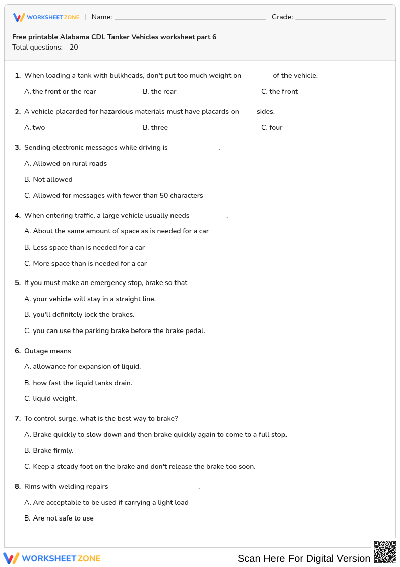Free printable Alabama CDL Tanker Vehicles worksheet part 6