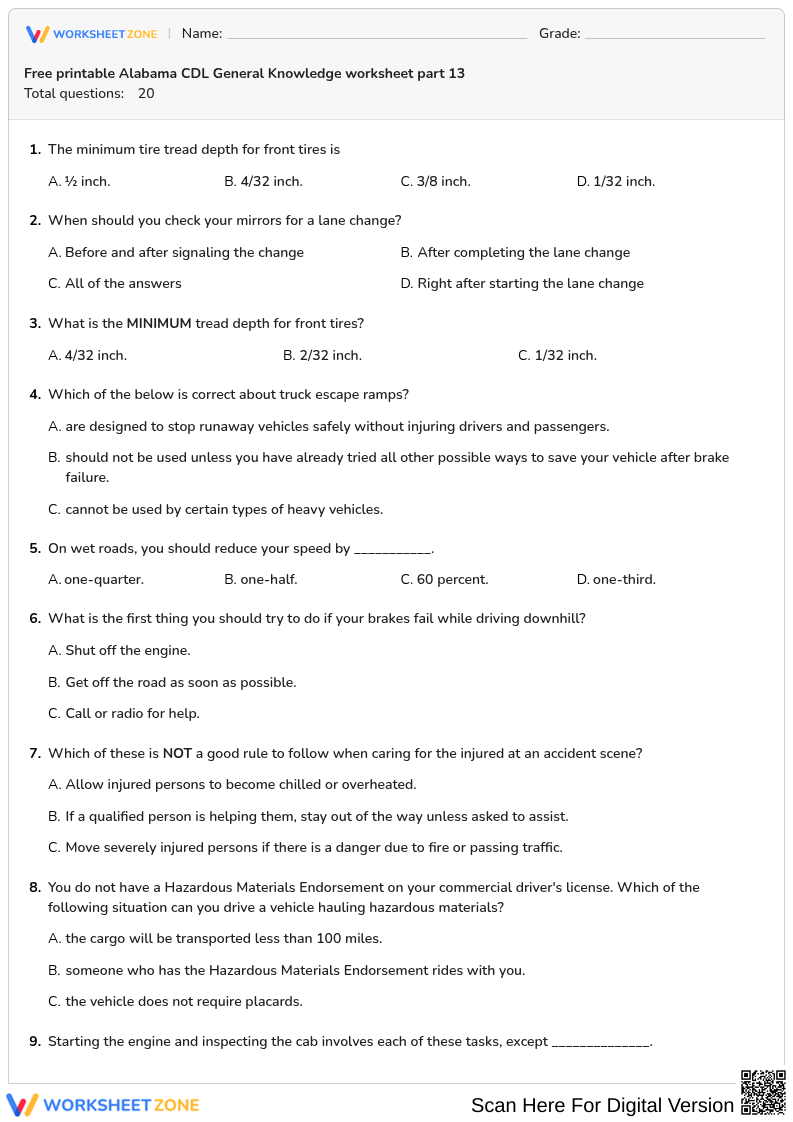 Free printable Alabama CDL General Knowledge worksheet part 13