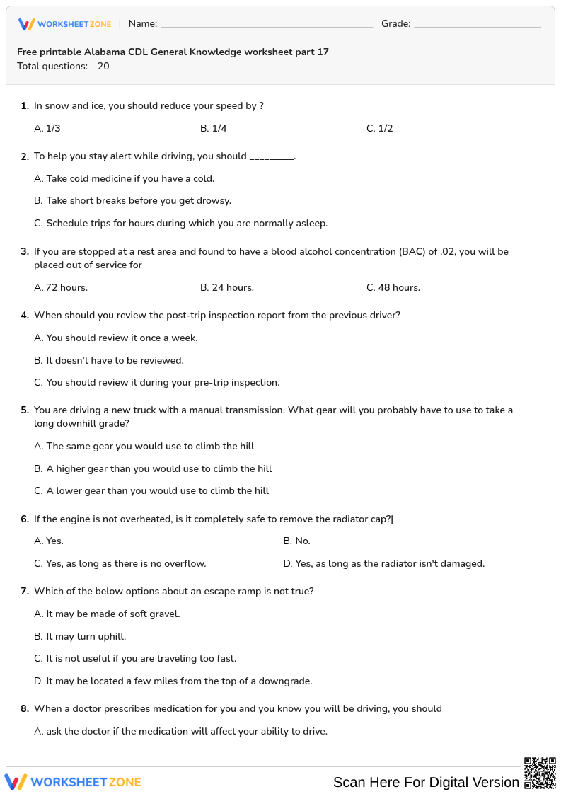 Free printable Alabama CDL General Knowledge worksheet part 17
