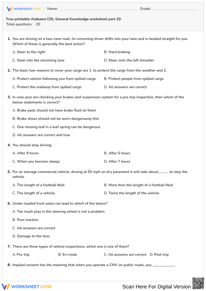 Free printable Alabama CDL General Knowledge worksheet part 20