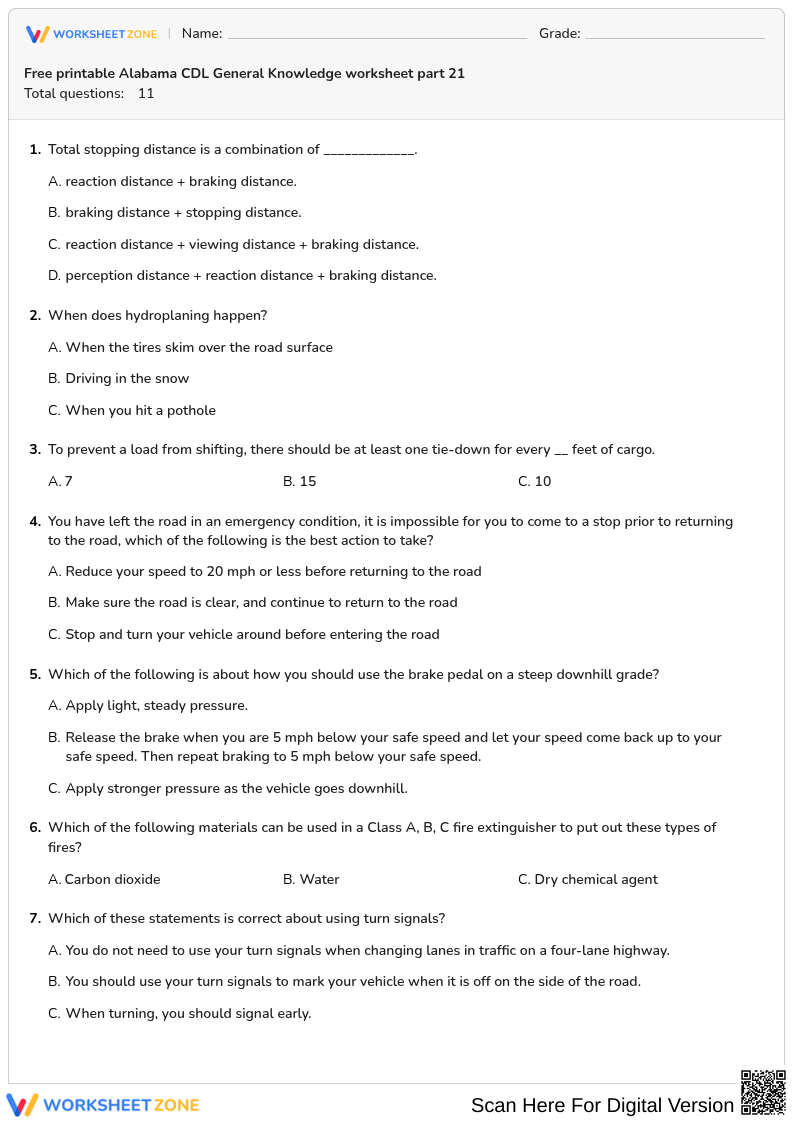 Free printable Alabama CDL General Knowledge worksheet part 21