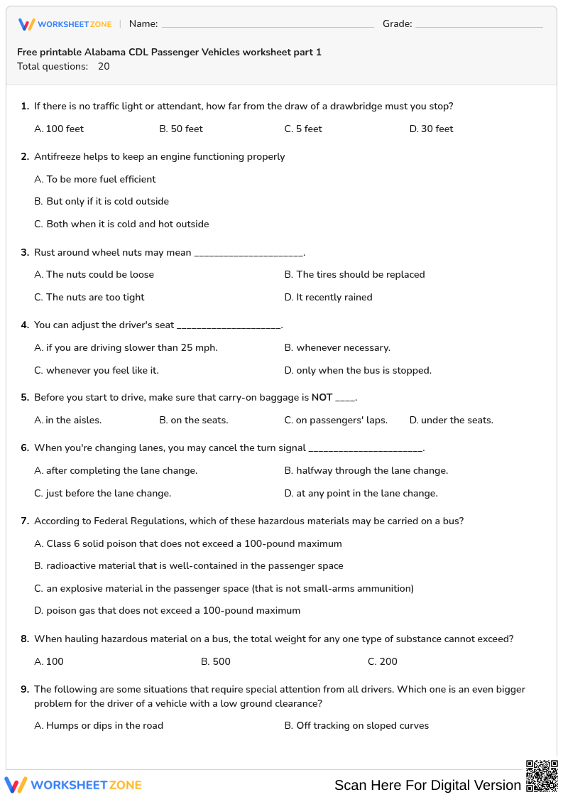 Free printable Alabama CDL Passenger Vehicles worksheet part 1