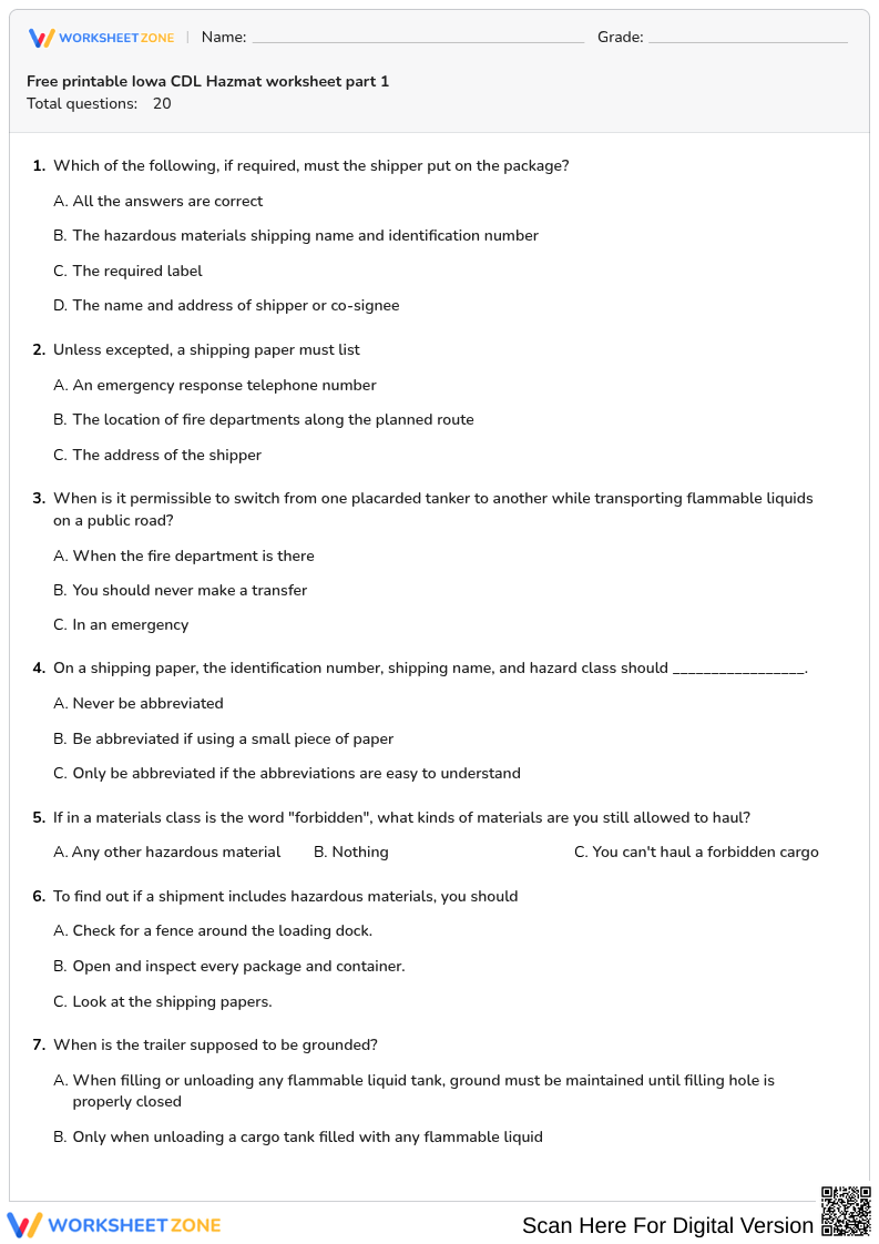 Free printable Iowa CDL Hazmat worksheet part 1