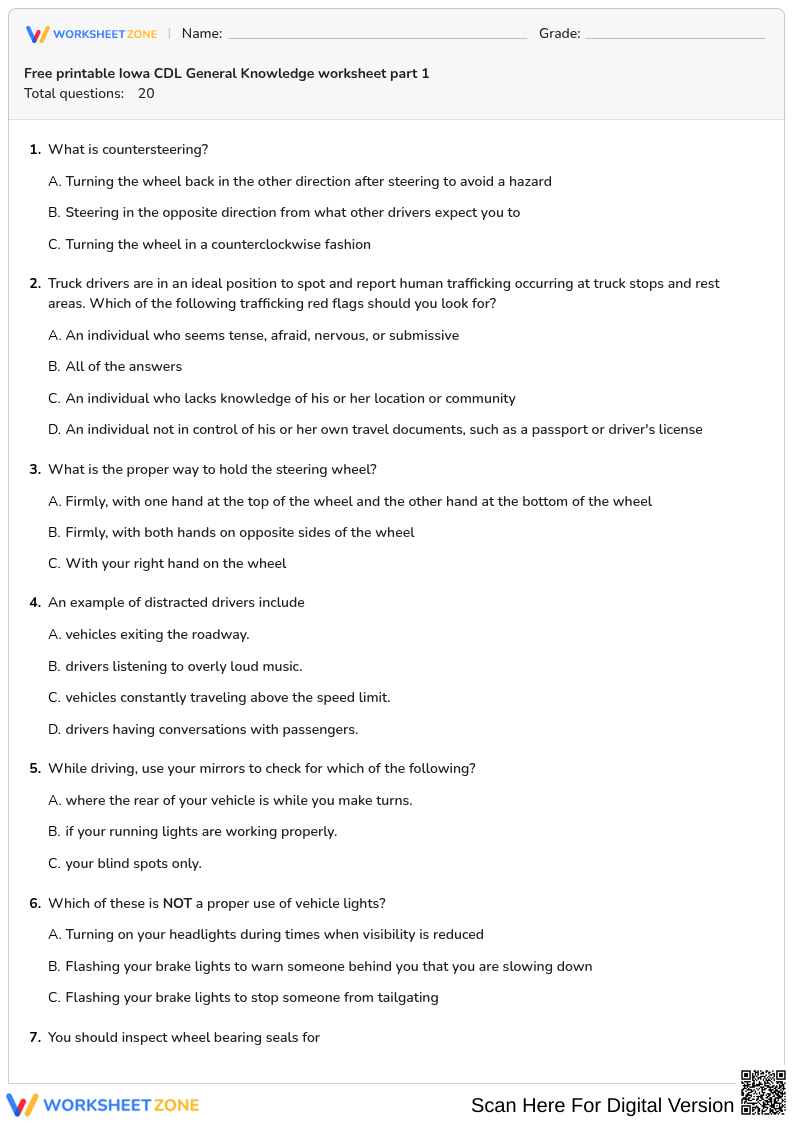 Free printable Iowa CDL General Knowledge worksheet part 1