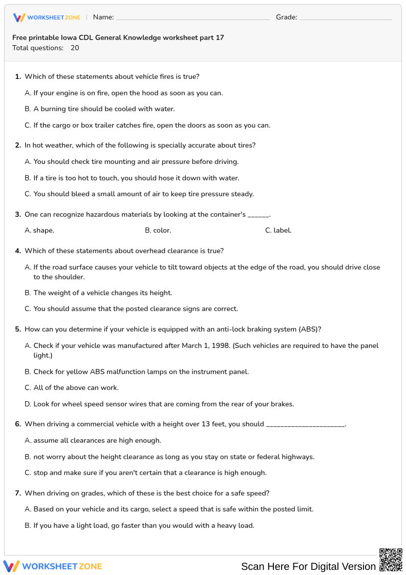 Free printable Iowa CDL General Knowledge worksheet part 17