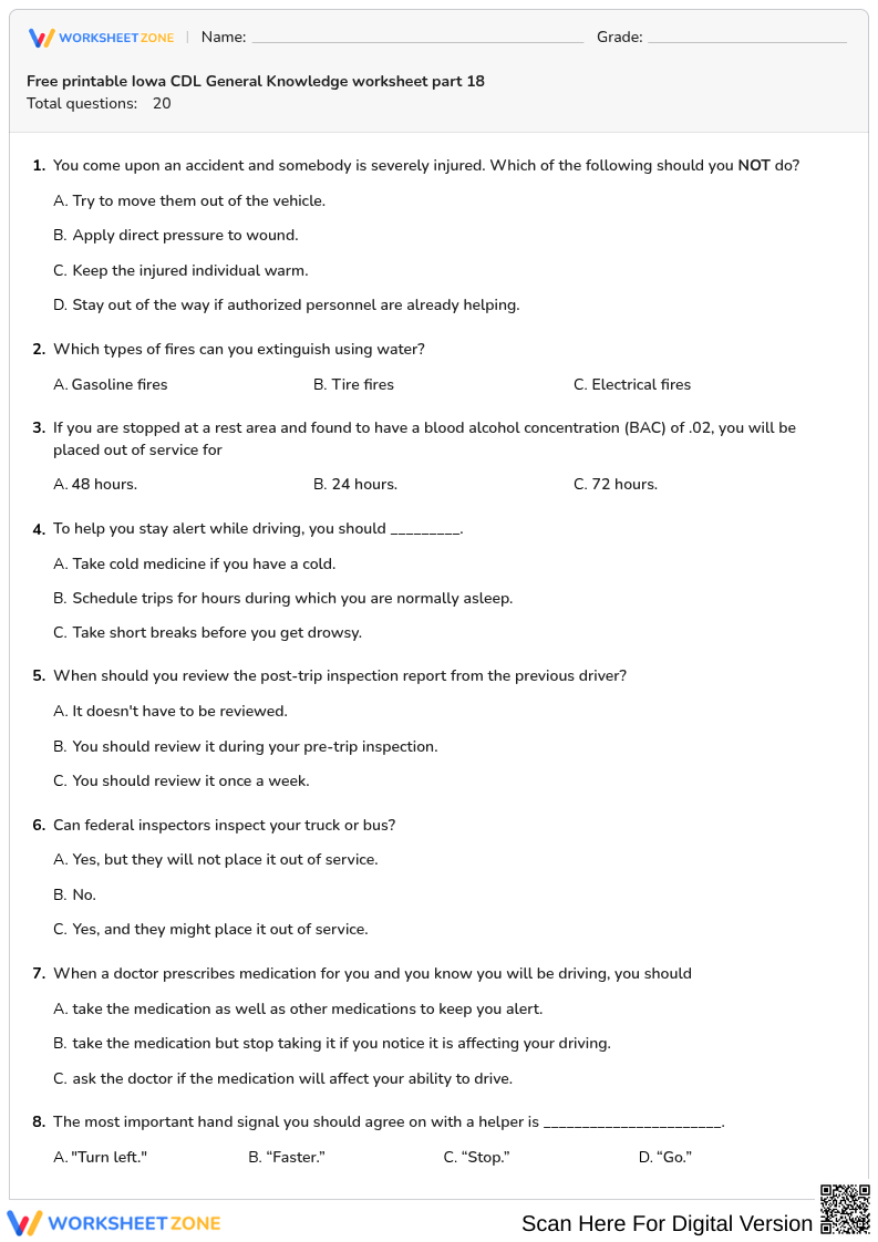 Free printable Iowa CDL General Knowledge worksheet part 18