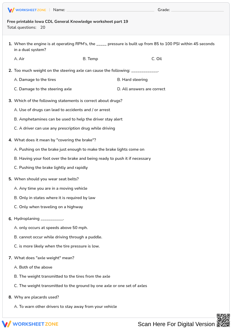 Free printable Iowa CDL General Knowledge worksheet part 19
