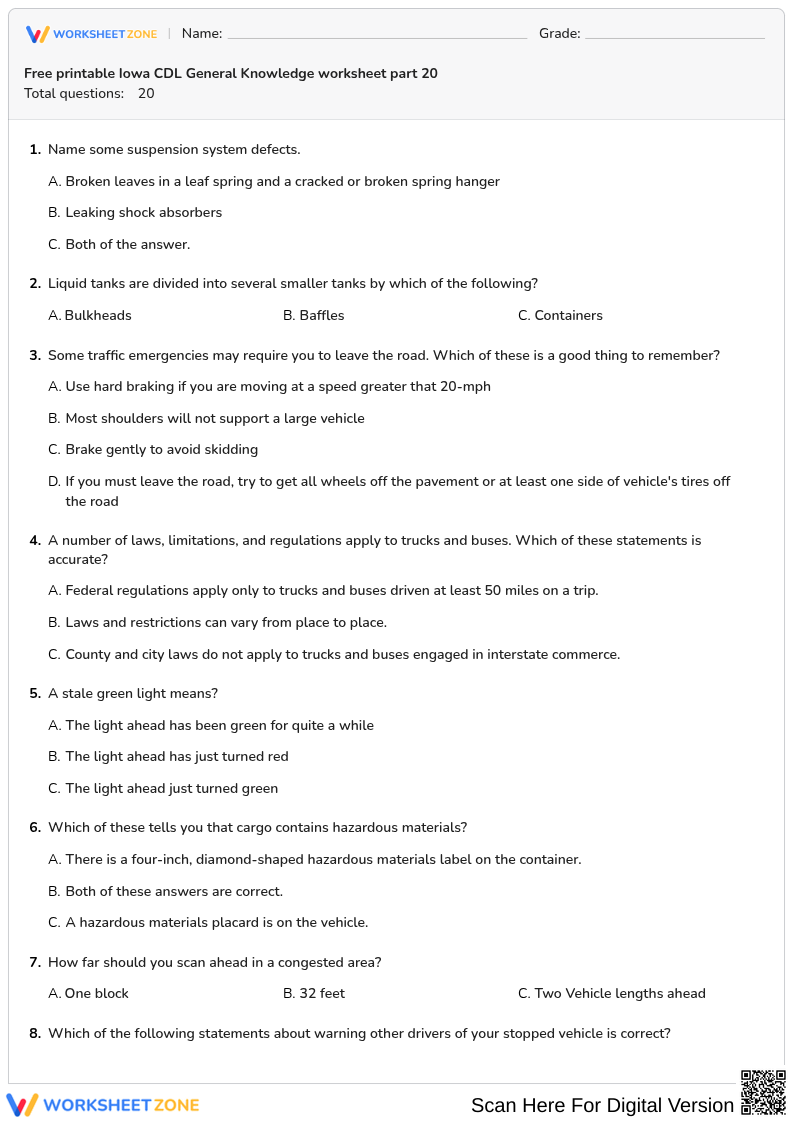 Free printable Iowa CDL General Knowledge worksheet part 20