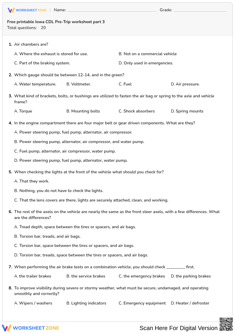 Free printable Iowa CDL Pre-Trip worksheet part 3