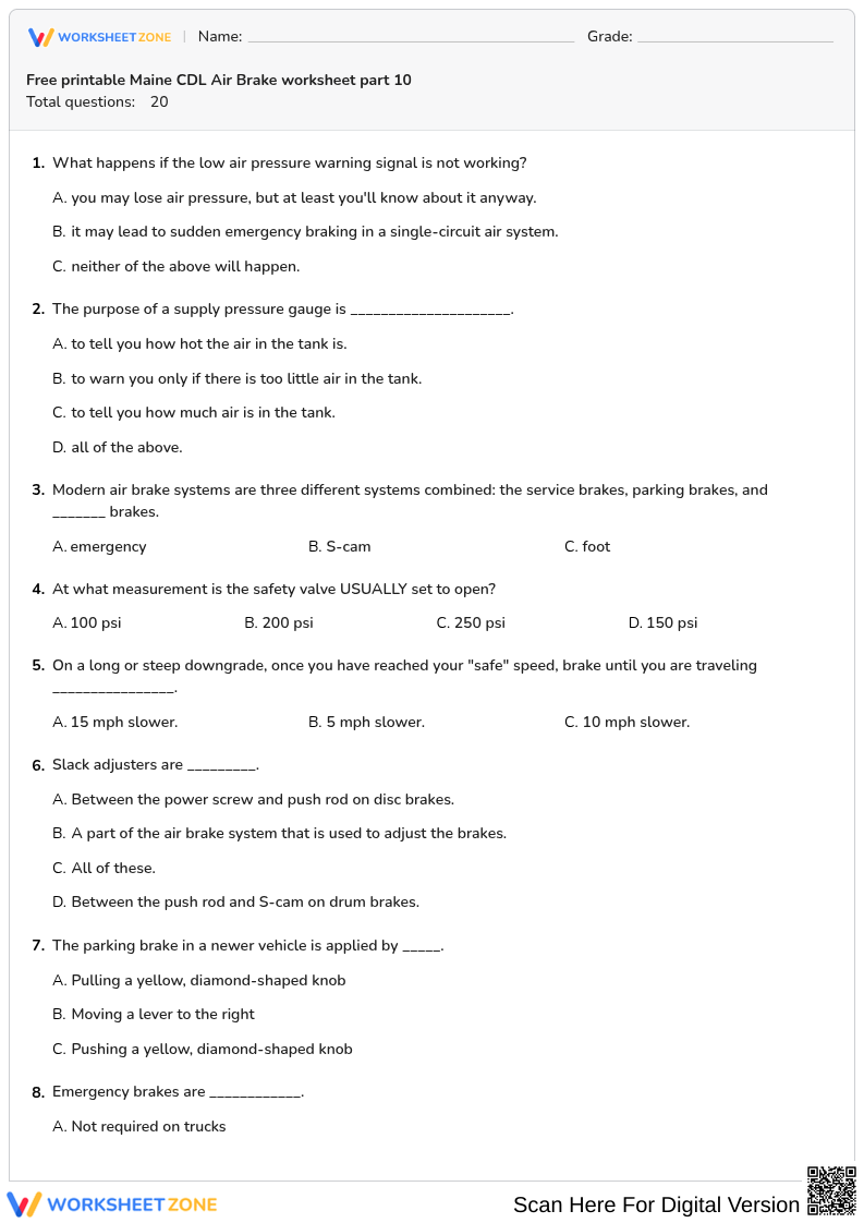 Free printable Maine CDL Air Brake worksheet part 10