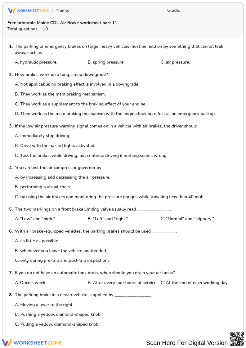 Free printable Maine CDL Air Brake worksheet part 11