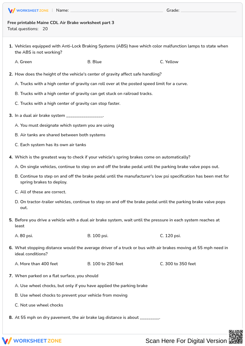 Free printable Maine CDL Air Brake worksheet part 3