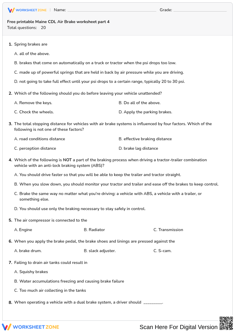 Free printable Maine CDL Air Brake worksheet part 4