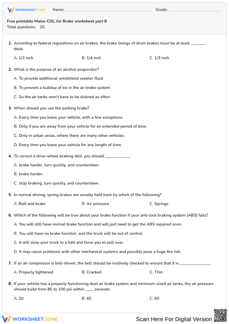 Free printable Maine CDL Air Brake worksheet part 8