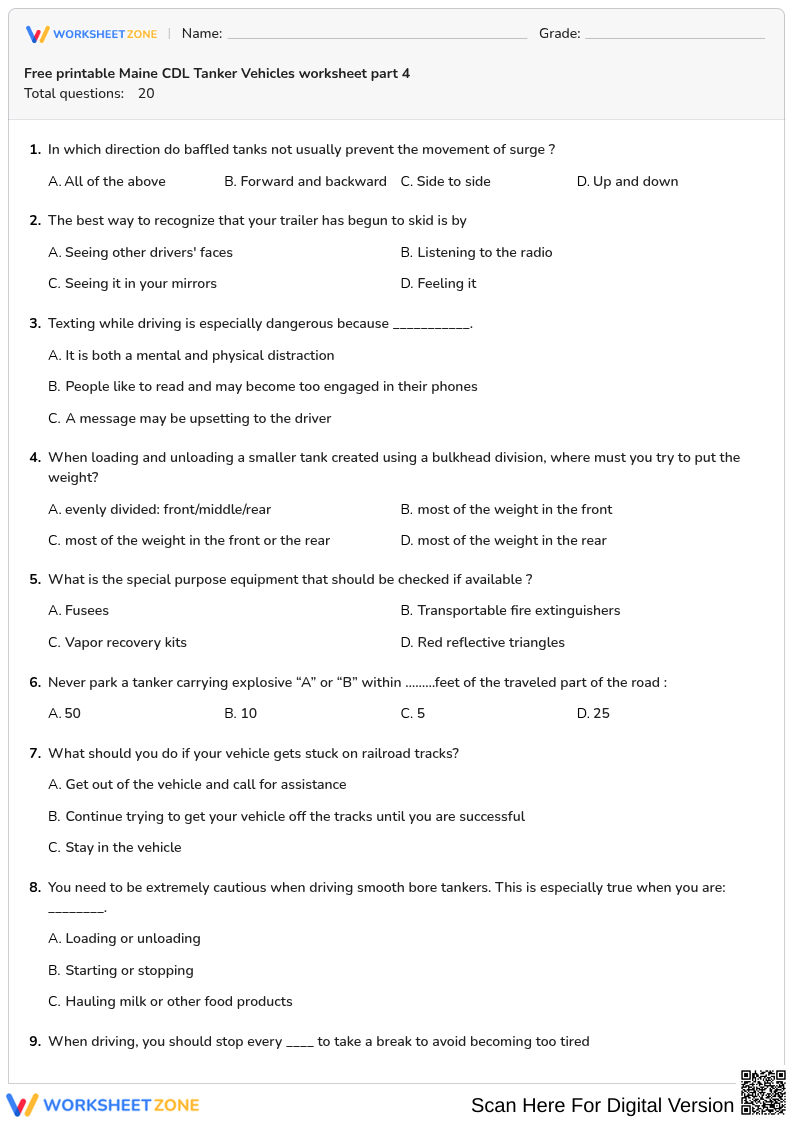 Free printable Maine CDL Tanker Vehicles worksheet part 4