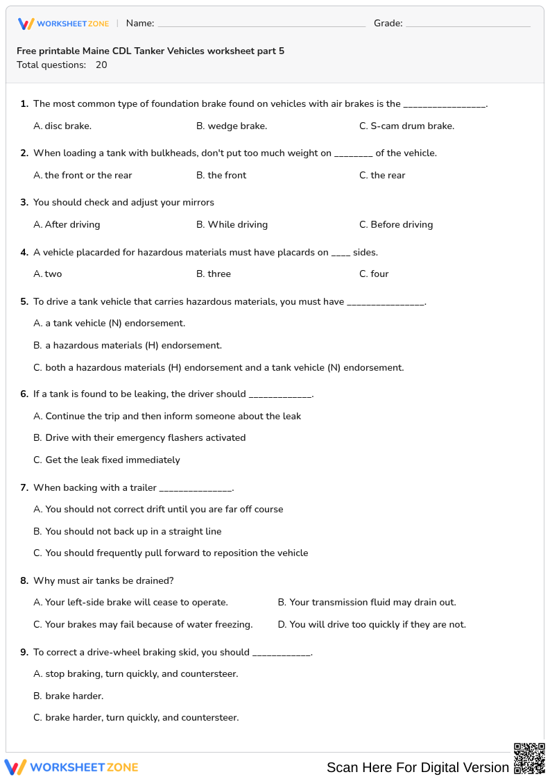 Free printable Maine CDL Tanker Vehicles worksheet part 5