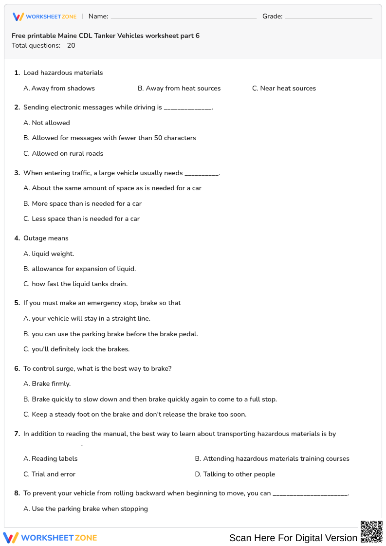 Free printable Maine CDL Tanker Vehicles worksheet part 6