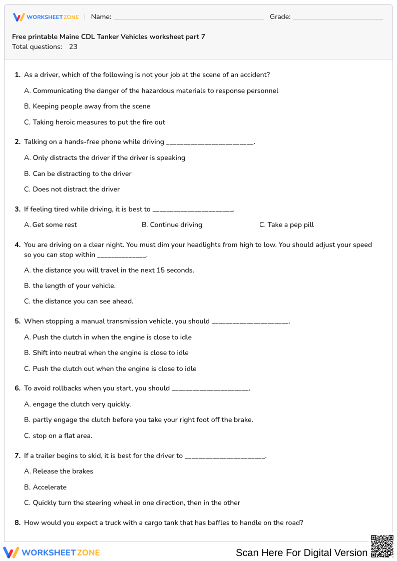 Free printable Maine CDL Tanker Vehicles worksheet part 7