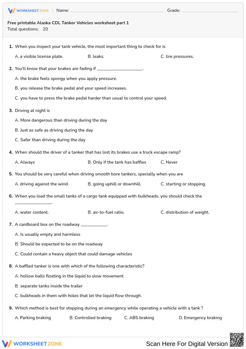 Free printable Alaska CDL Tanker Vehicles worksheet part 1