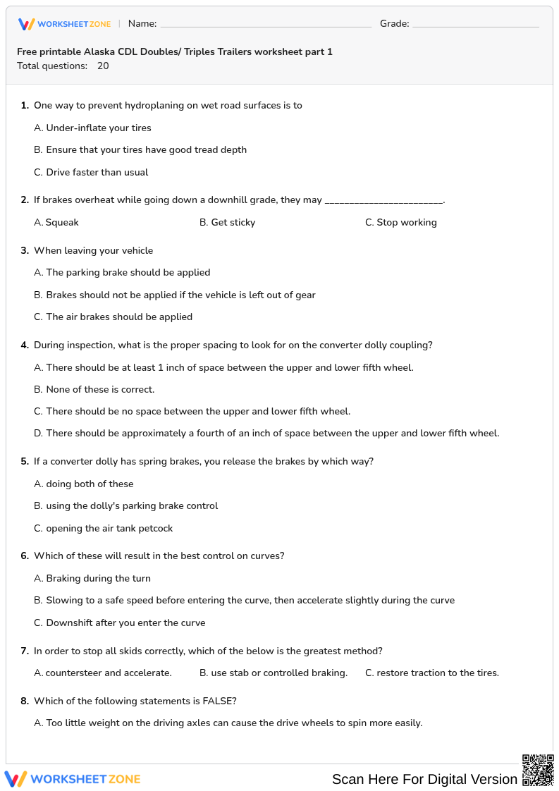 Free printable Alaska CDL Doubles/ Triples Trailers worksheet part 1