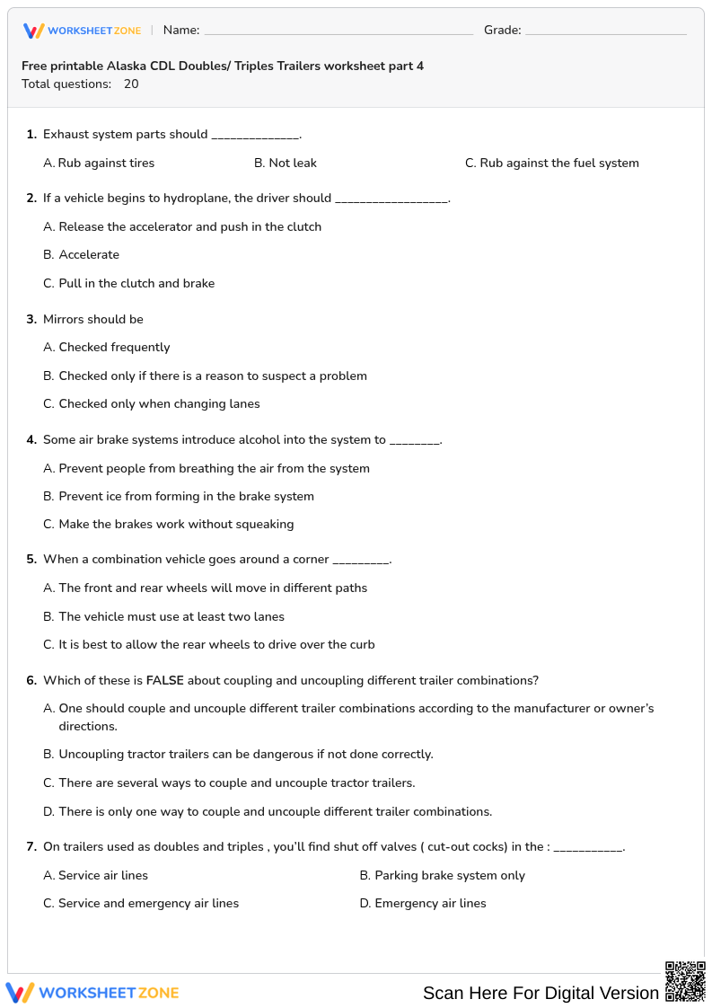 Free printable Alaska CDL Doubles/ Triples Trailers worksheet part 4
