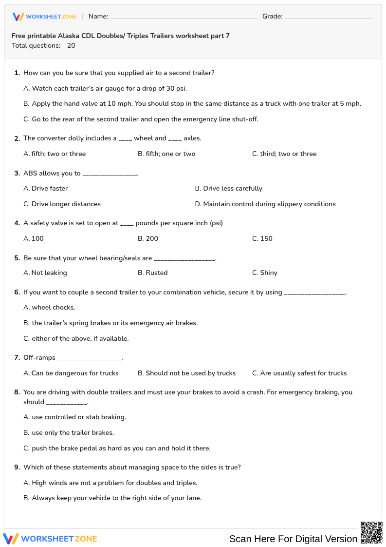 Free printable Alaska CDL Doubles/ Triples Trailers worksheet part 7