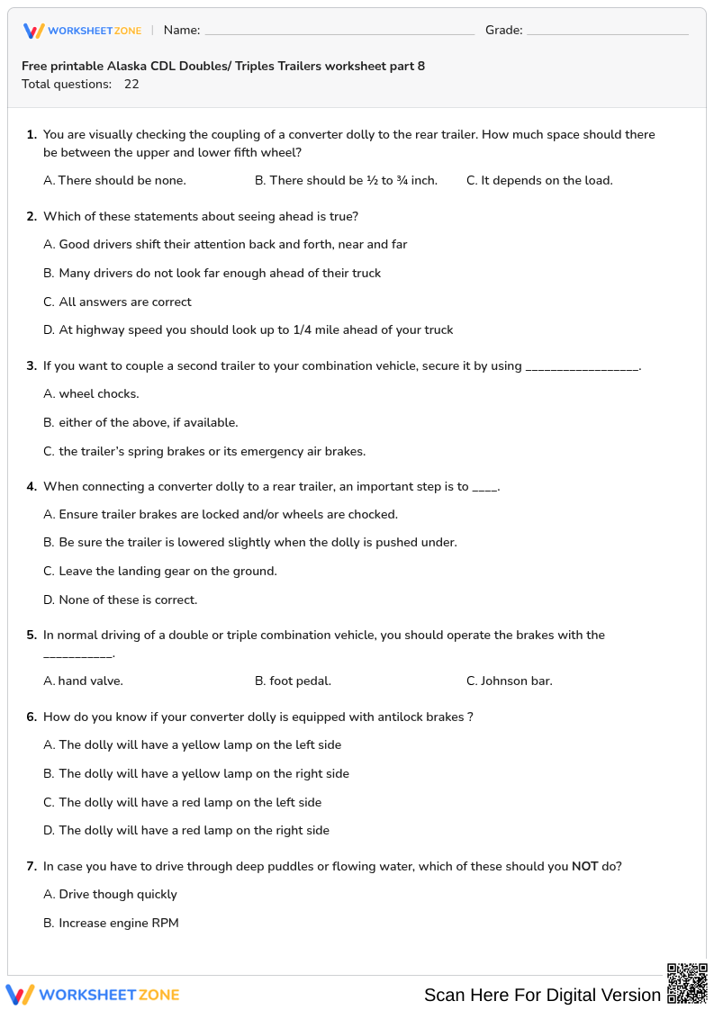 Free printable Alaska CDL Doubles/ Triples Trailers worksheet part 8