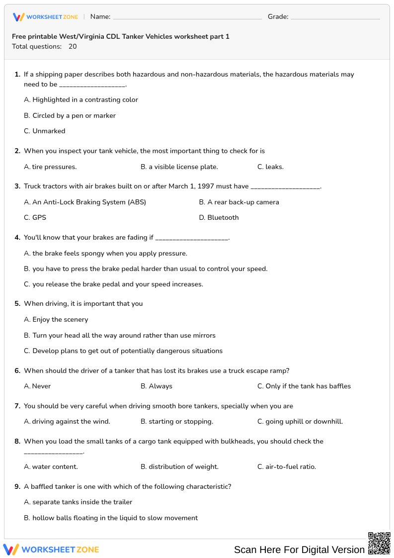 Free printable West/Virginia CDL Tanker Vehicles worksheet part 1