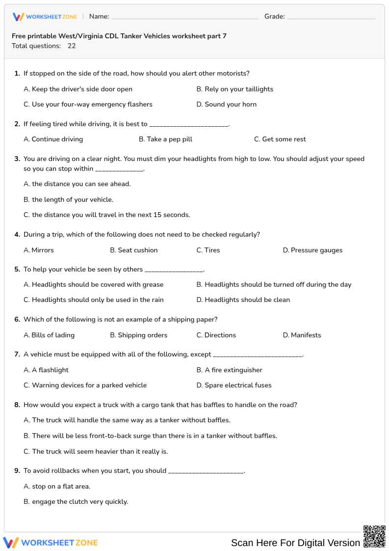 Free printable West/Virginia CDL Tanker Vehicles worksheet part 7