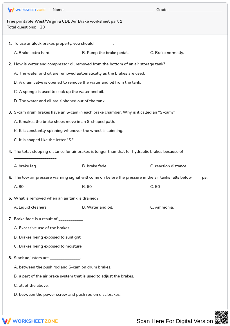 Free printable West/Virginia CDL Air Brake worksheet part 1