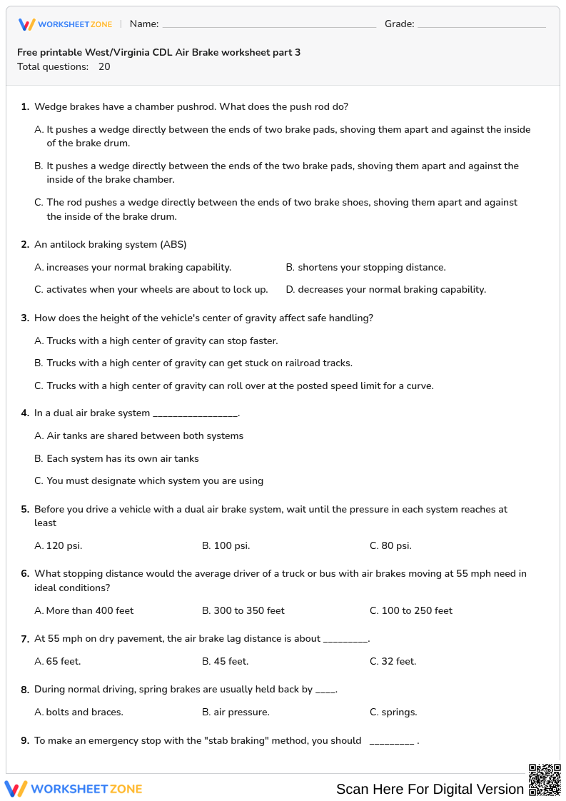 Free printable West/Virginia CDL Air Brake worksheet part 3