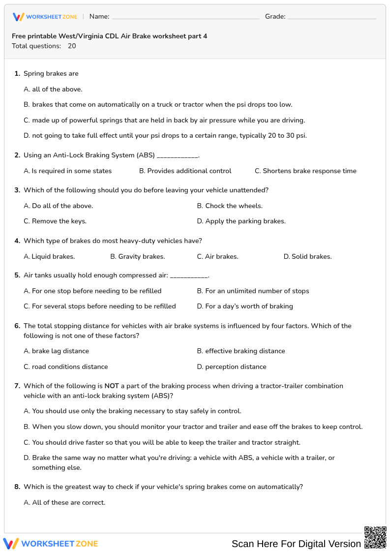 Free printable West/Virginia CDL Air Brake worksheet part 4