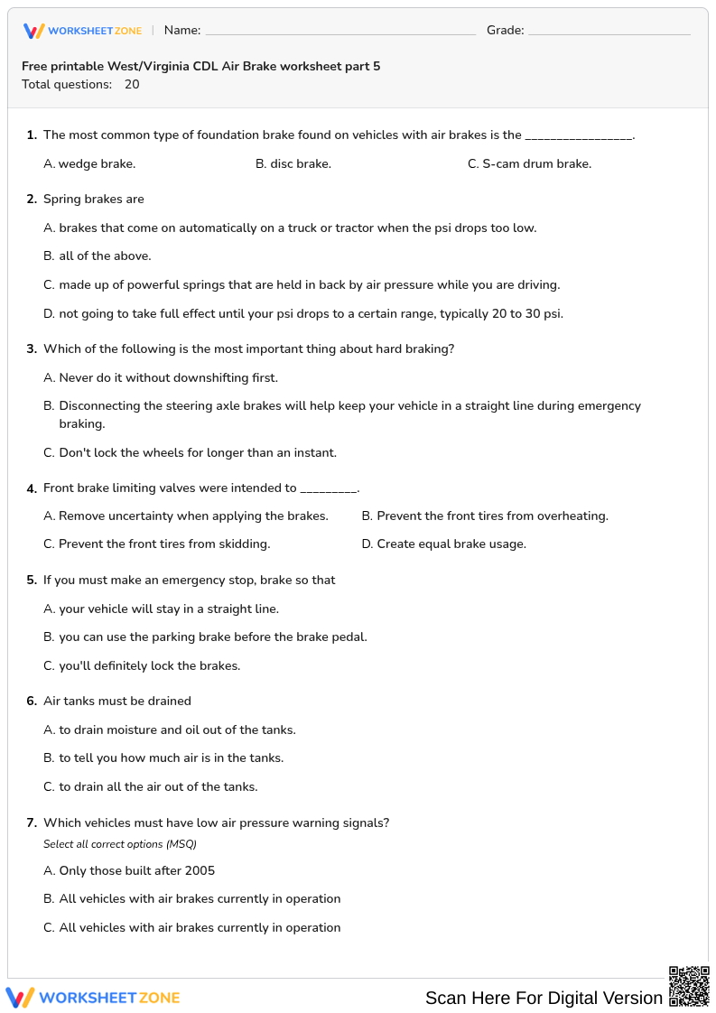 Free printable West/Virginia CDL Air Brake worksheet part 5