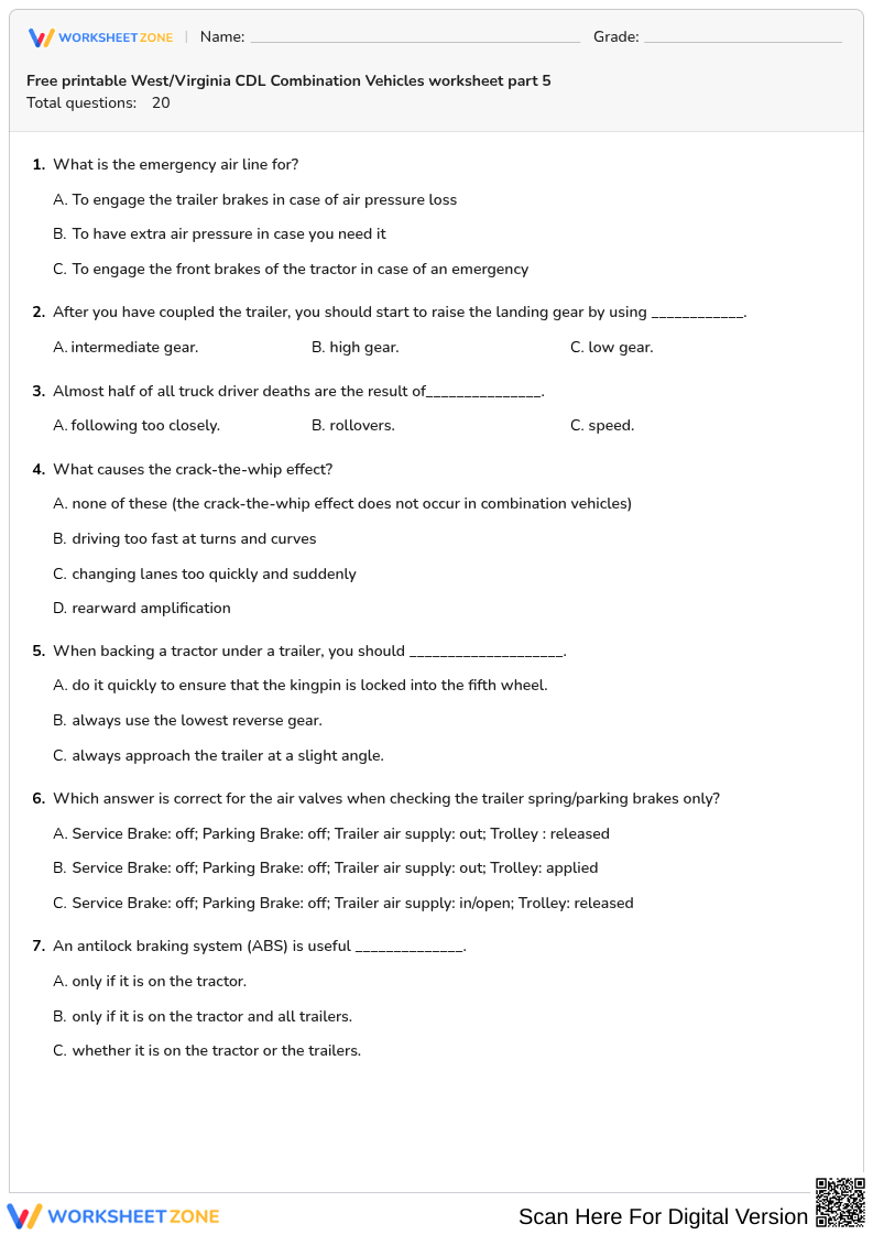 Free printable West/Virginia CDL Combination Vehicles worksheet part 5