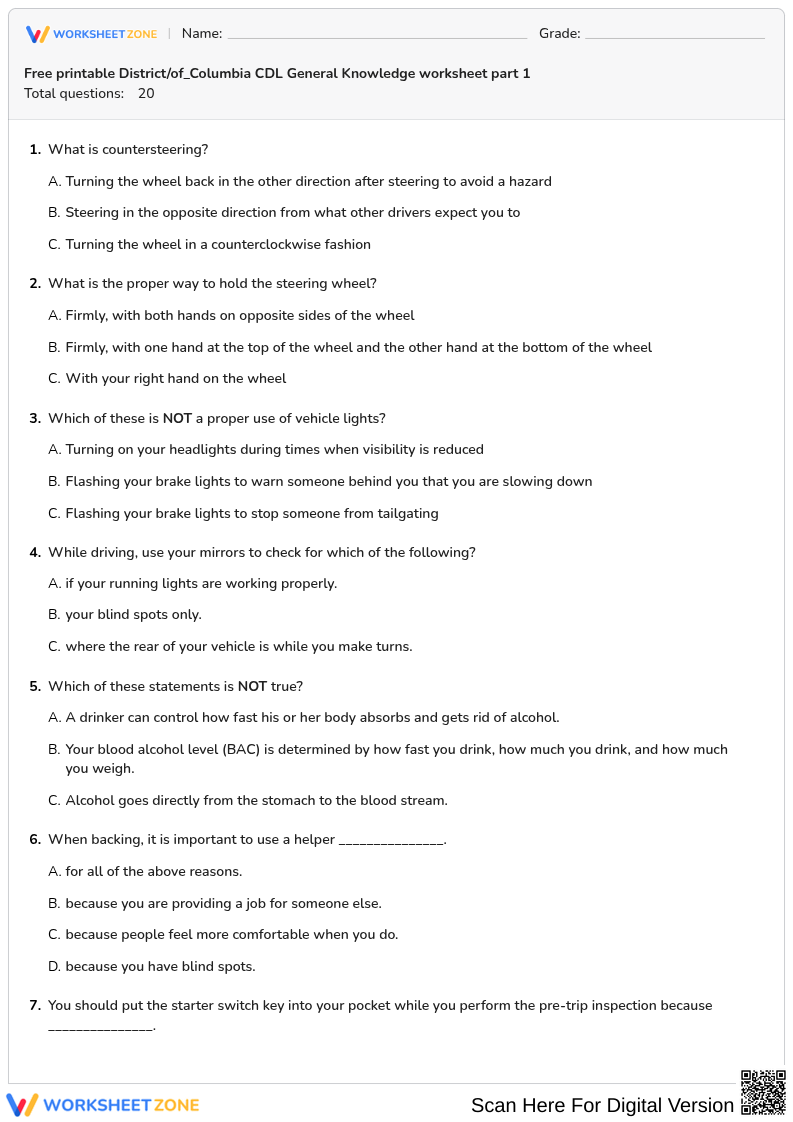 Free printable District/of_Columbia CDL General Knowledge worksheet part 1