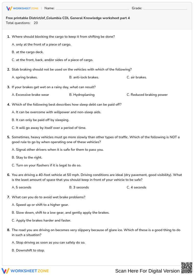 Free printable District/of_Columbia CDL General Knowledge worksheet part 4